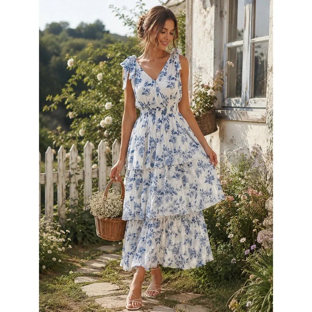 J GEE  Blue & White Floral Tiered Maxi Dress Womens S Ruffles Cottage Fairy Boho